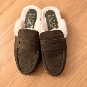 Taryn Rose Olive Suede Fur-Lined Mules